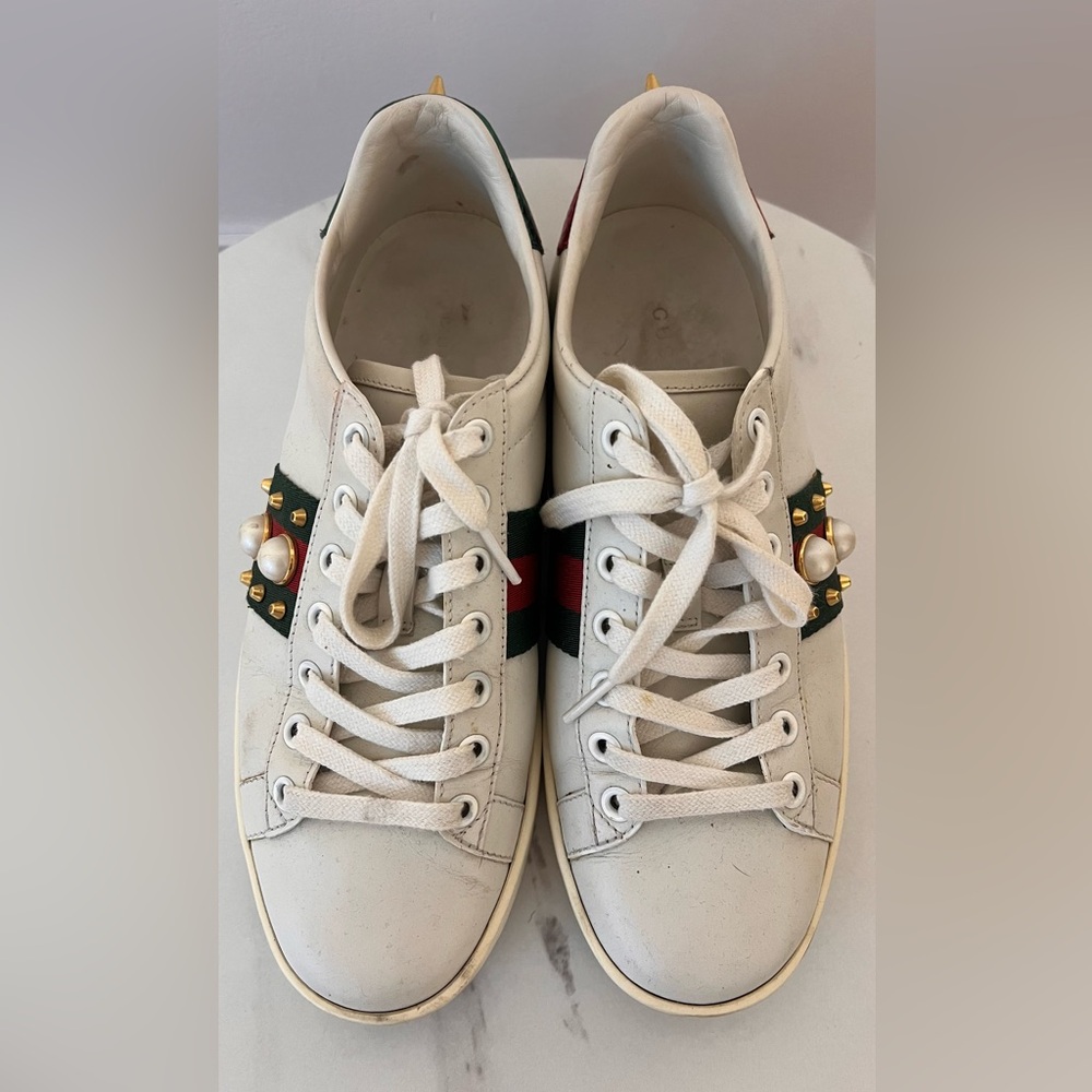 White Leather Studded Pearl Accent Women's Gucci Sneakers